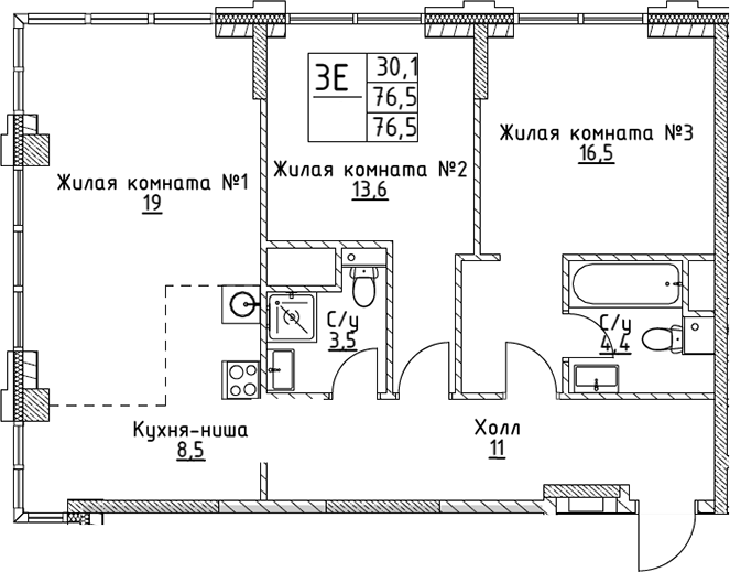 Планировка — VERY на Миклухо-Маклая, 3-комн., 77 м²