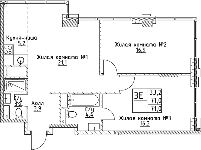 Планировка — VERY на Миклухо-Маклая, 3-комн., 71 м²