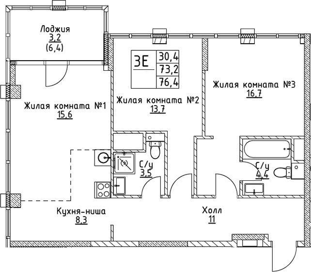 Планировка — VERY на Миклухо-Маклая, 3-комн., 73 м²