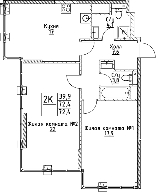 Планировка — VERY на Миклухо-Маклая, 2-комн., 72 м²