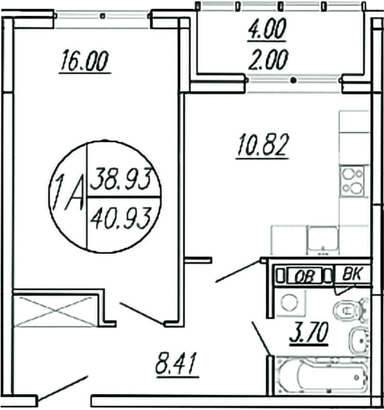 Планировка — Шолохово, 1-комн., 39 м²