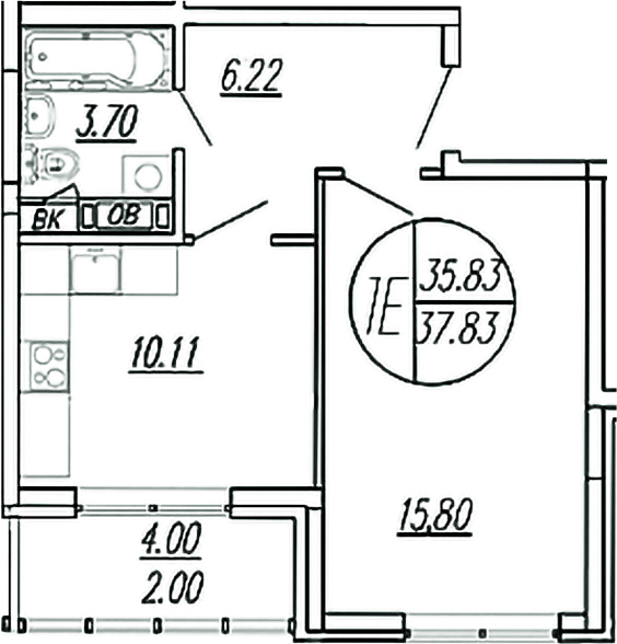 Планировка — Шолохово, 1-комн., 36 м²