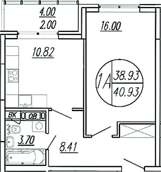 Планировка — Шолохово, 1-комн., 39 м²
