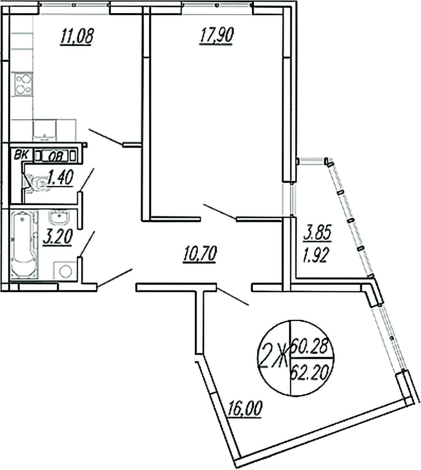 Планировка — Шолохово, 2-комн., 60 м²