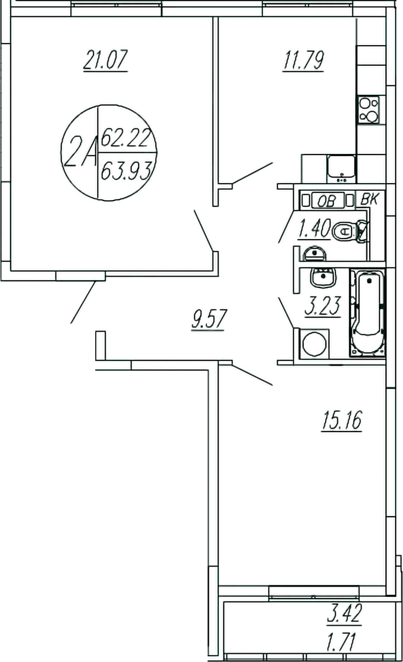 Планировка — Шолохово, 2-комн., 62 м²