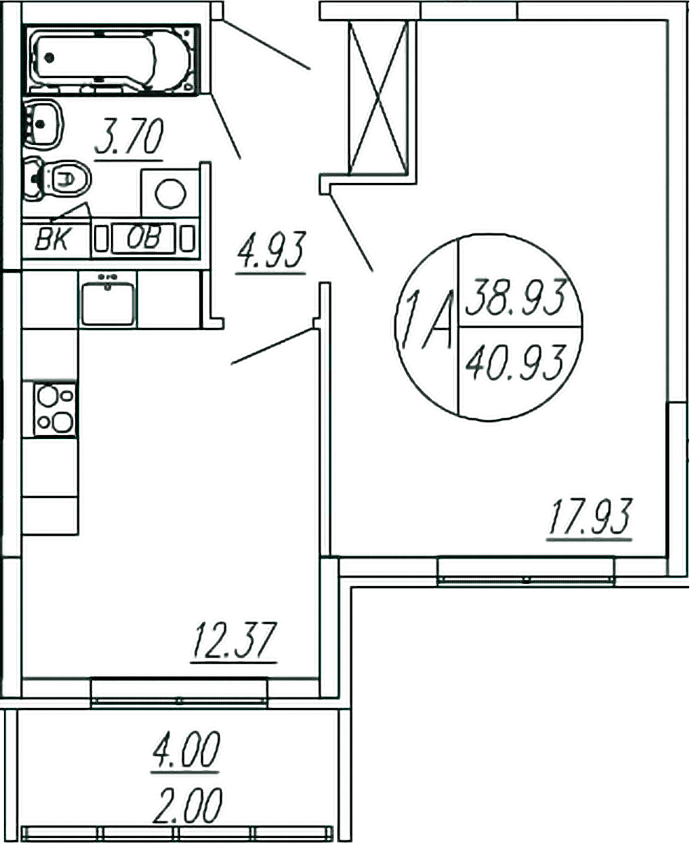 Планировка — Шолохово, 1-комн., 39 м²