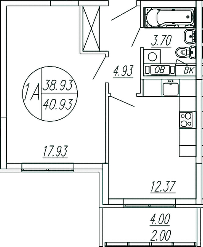 Планировка — Шолохово, 1-комн., 39 м²