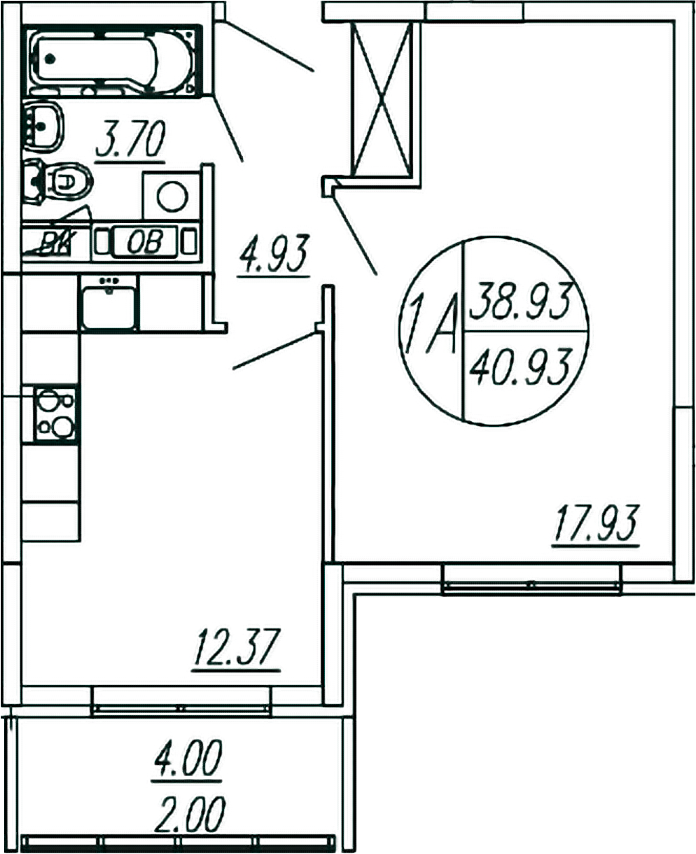 Планировка — Шолохово, 1-комн., 39 м²