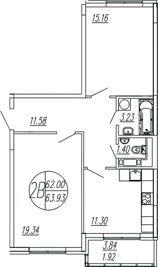 Планировка — Шолохово, 2-комн., 62 м²