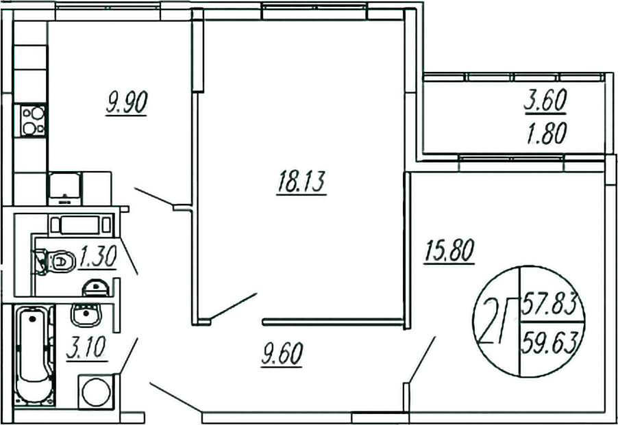 Планировка — Шолохово, 2-комн., 58 м²