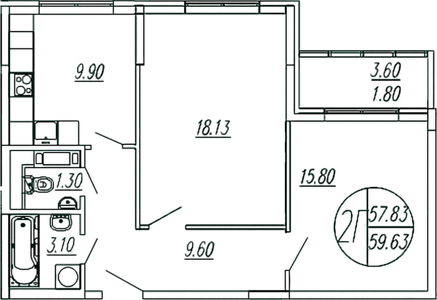 Планировка — Шолохово, 2-комн., 58 м²