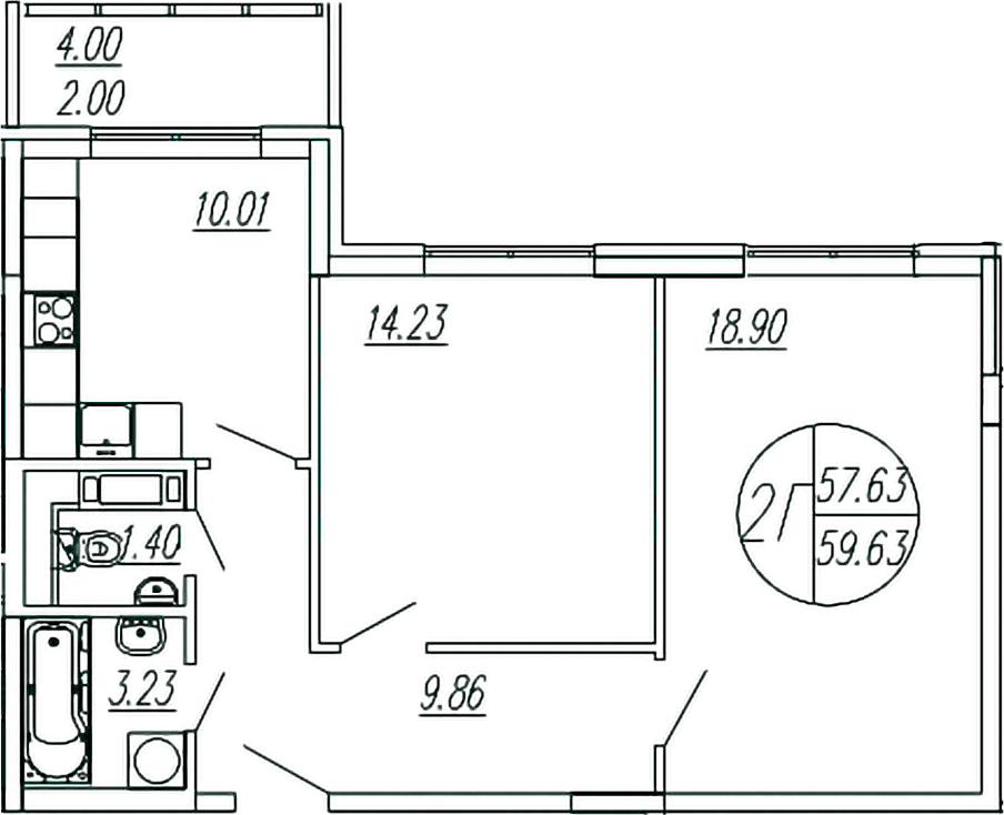 Планировка — Шолохово, 2-комн., 58 м²