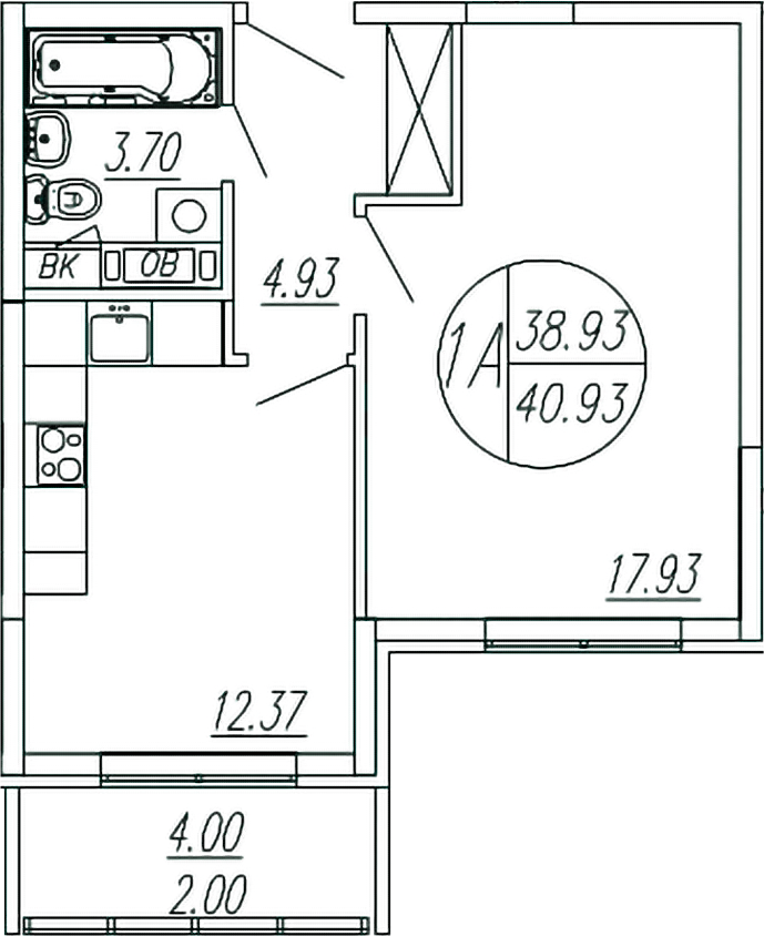 Планировка — Шолохово, 1-комн., 39 м²