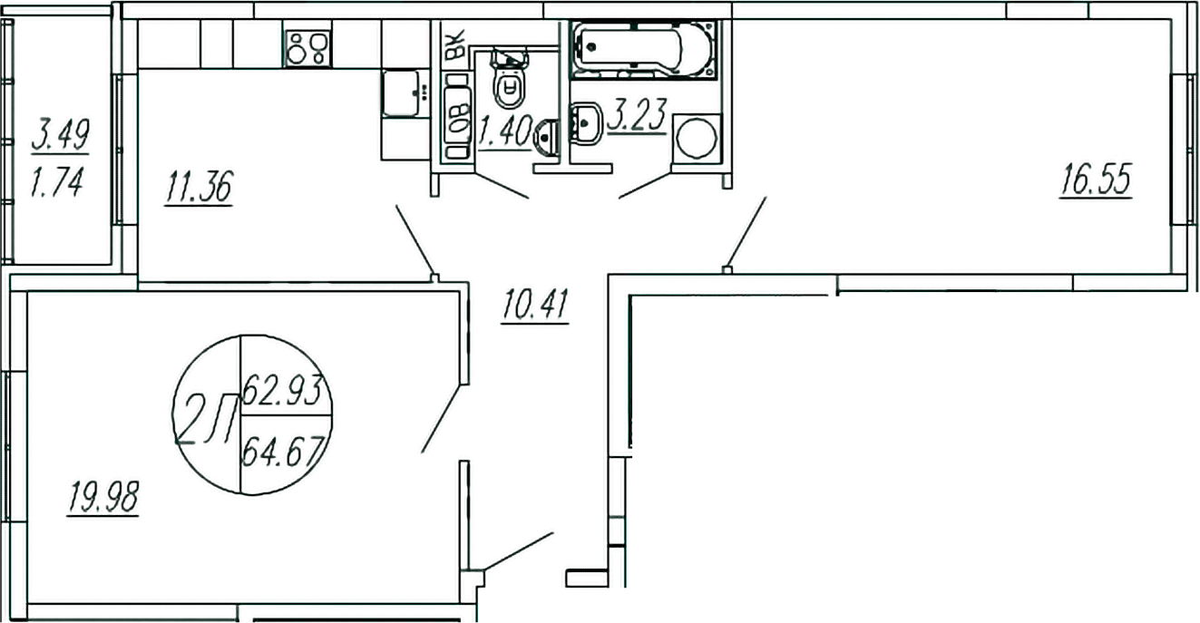Планировка — Шолохово, 2-комн., 63 м²
