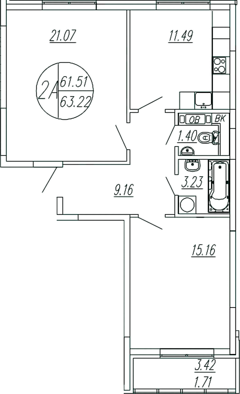 Планировка — Шолохово, 2-комн., 62 м²