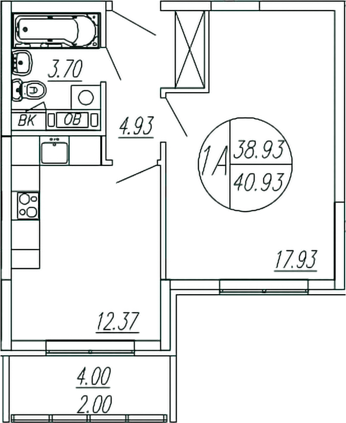 Планировка — Шолохово, 1-комн., 39 м²