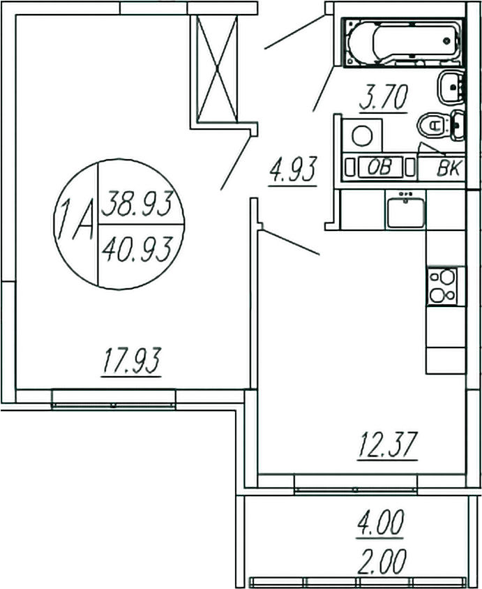 Планировка — Шолохово, 1-комн., 39 м²
