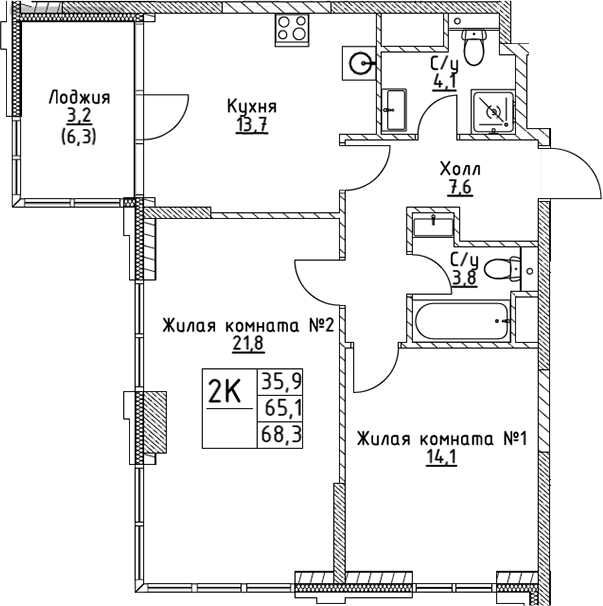 Планировка — VERY на Миклухо-Маклая, 2-комн., 65 м²
