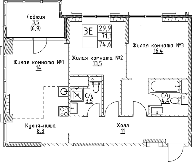 Планировка — VERY на Миклухо-Маклая, 3-комн., 71 м²