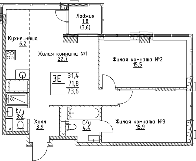 Планировка — VERY на Миклухо-Маклая, 3-комн., 72 м²