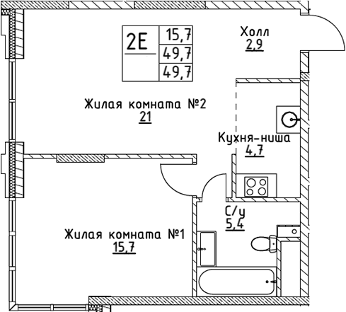 Планировка — VERY на Миклухо-Маклая, 2-комн., 50 м²