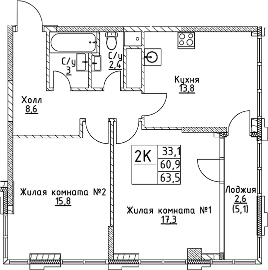 Планировка — VERY на Миклухо-Маклая, 2-комн., 61 м²
