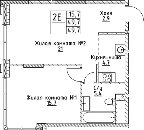 Планировка — VERY на Миклухо-Маклая, 2-комн., 50 м²