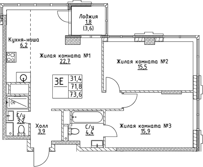 Планировка — VERY на Миклухо-Маклая, 3-комн., 72 м²