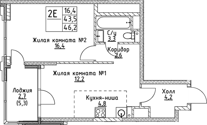 Планировка — VERY на Миклухо-Маклая, 2-комн., 44 м²