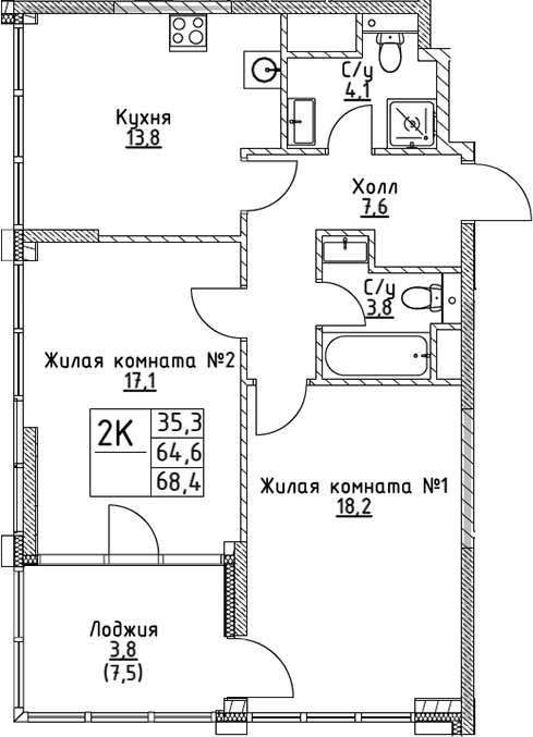 Планировка — VERY на Миклухо-Маклая, 2-комн., 65 м²