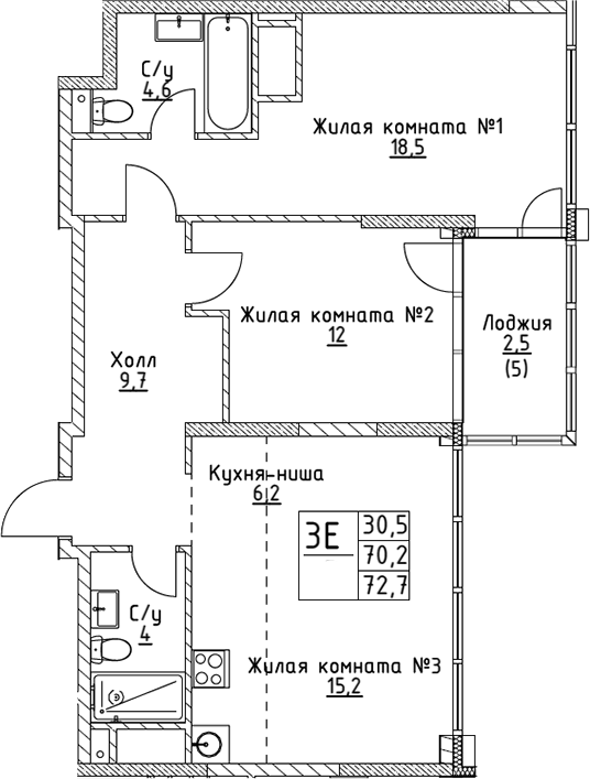 Планировка — VERY на Миклухо-Маклая, 3-комн., 70 м²