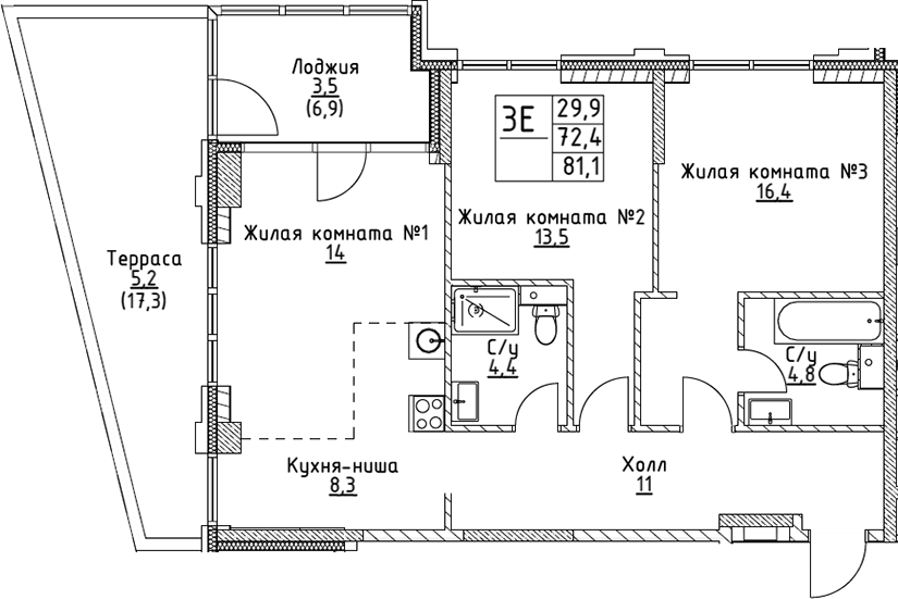 Планировка — VERY на Миклухо-Маклая, 3-комн., 72 м²