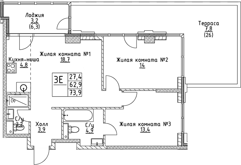 Планировка — VERY на Миклухо-Маклая, 3-комн., 63 м²