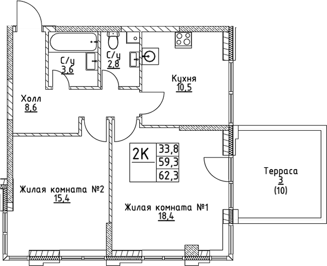 Планировка — VERY на Миклухо-Маклая, 2-комн., 59 м²