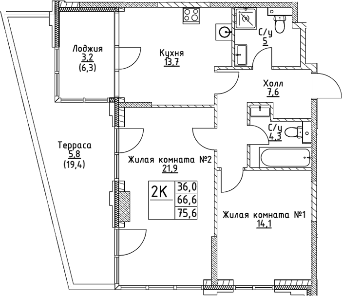 Планировка — VERY на Миклухо-Маклая, 2-комн., 67 м²