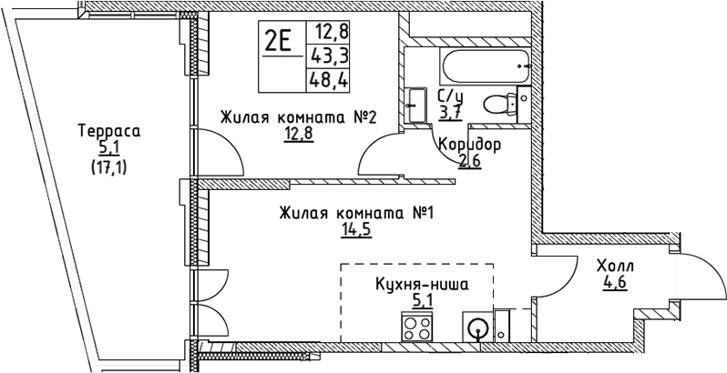 Планировка — VERY на Миклухо-Маклая, 2-комн., 43 м²