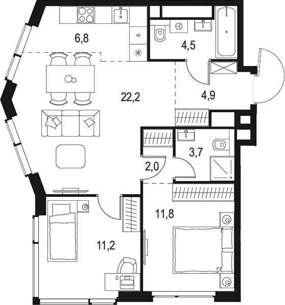 Планировка — Левел Мичуринский, 3-комн., 67 м²