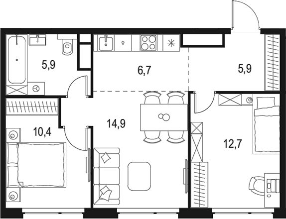 Планировка — Левел Мичуринский, 3-комн., 57 м²