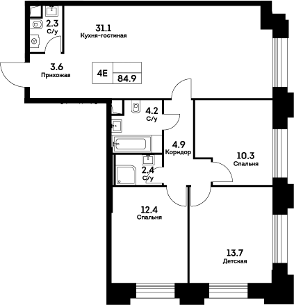 Планировка — Ever, 4-комн., 85 м²