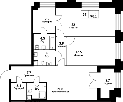 Планировка — Ever, 3-комн., 95 м²