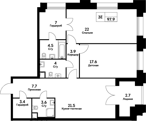 Планировка — Ever, 3-комн., 95 м²