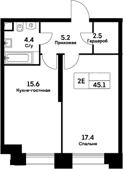 Планировка — Ever, 2-комн., 45 м²