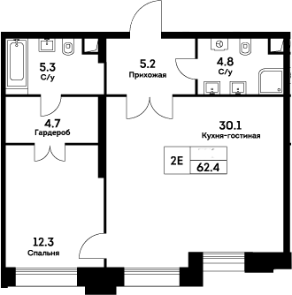 Планировка — Ever, 2-комн., 62 м²