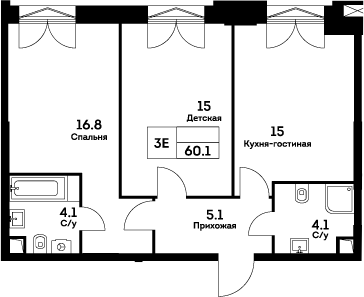 Планировка — Ever, 3-комн., 60 м²
