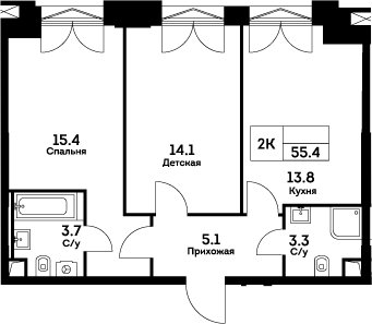 Планировка — Ever, 2-комн., 55 м²
