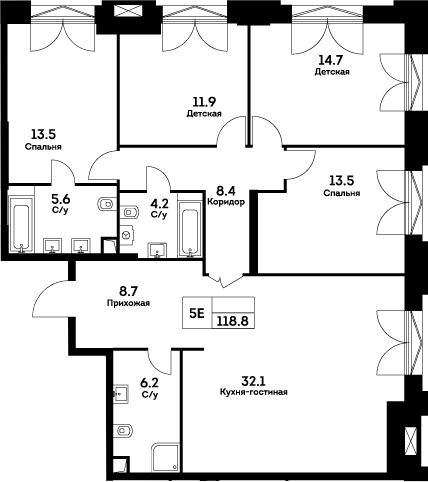 Планировка — Ever, 5-комн., 119 м²