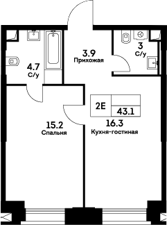 Планировка — Ever, 2-комн., 43 м²