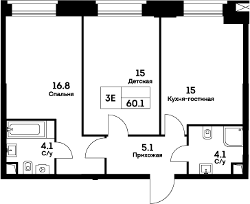 Планировка — Ever, 3-комн., 60 м²