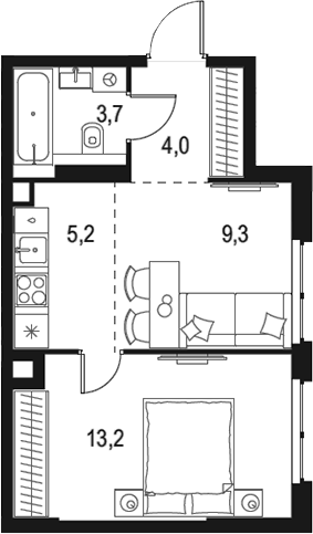 Планировка — Левел Мичуринский, 2-комн., 35 м²
