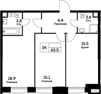 Планировка — Ever, 2-комн., 64 м²